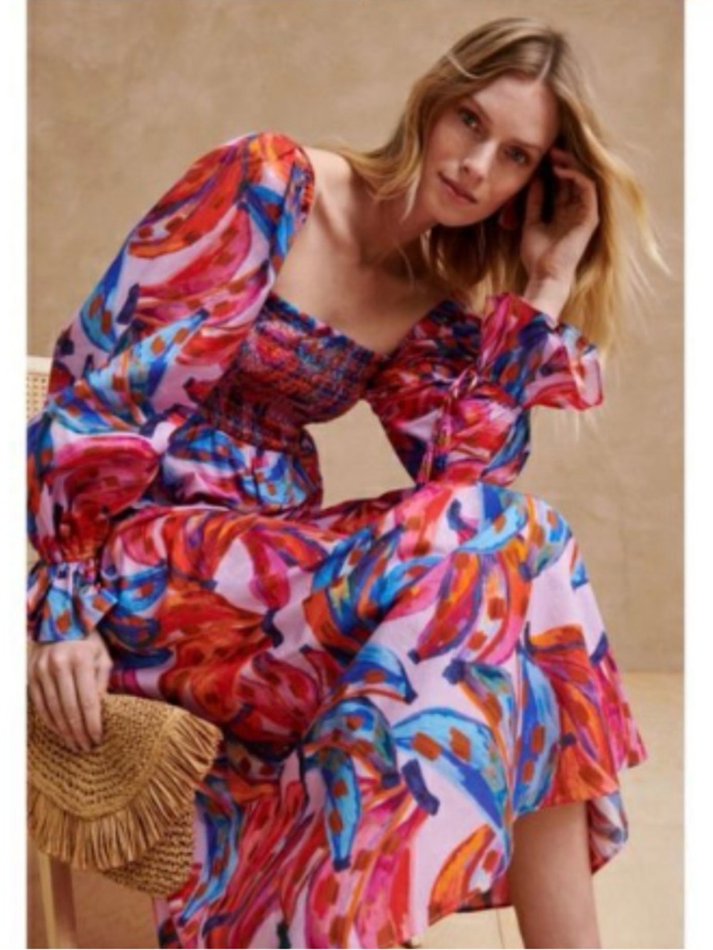 Farm Rio Coloured Bananas Tropical Chic Resort Wear Smocked Maxi Dress M